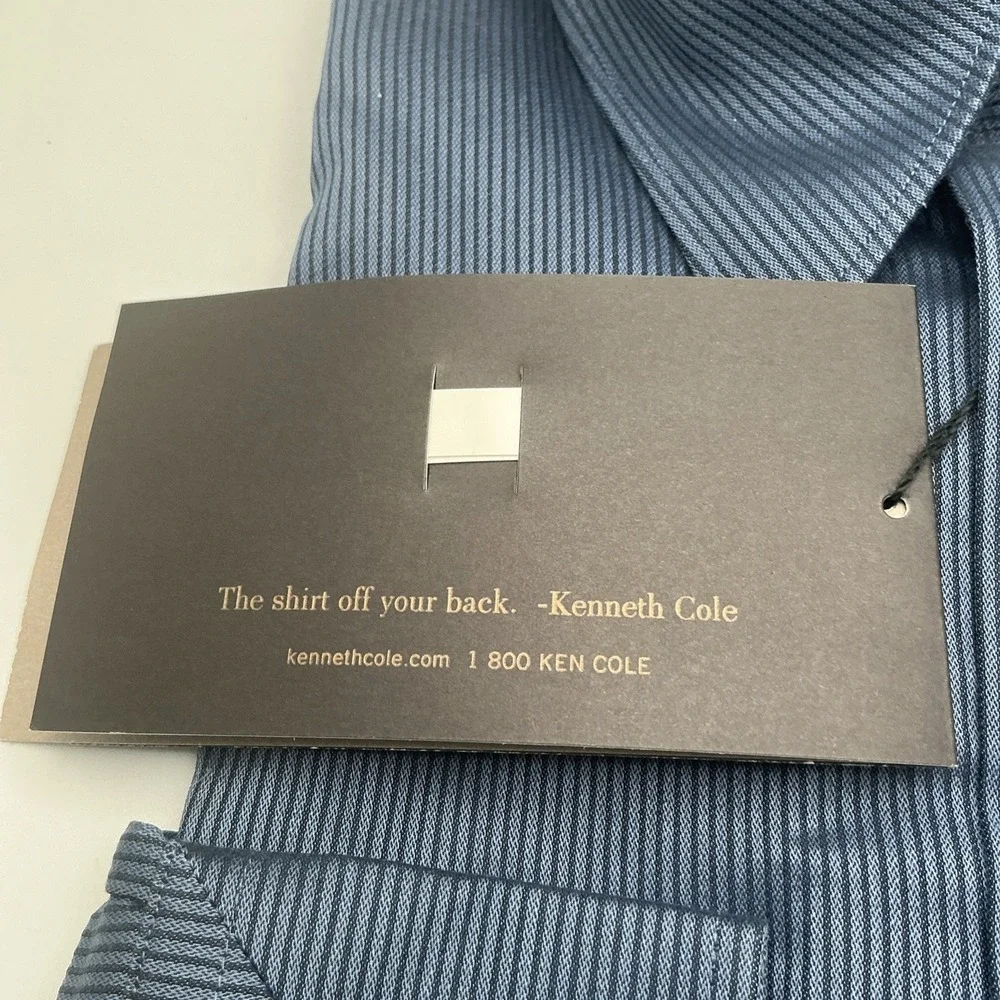 NWT Kenneth Cole NY Slim Fit Stretch Blue Dress Shirt L 16.5 33/33 Black Stripes